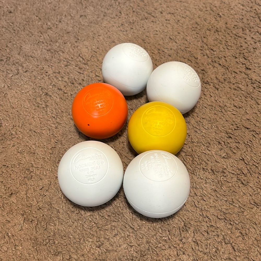 Set of 6 Champion Sports Lacrosse Balls: white, orange, and yellow
